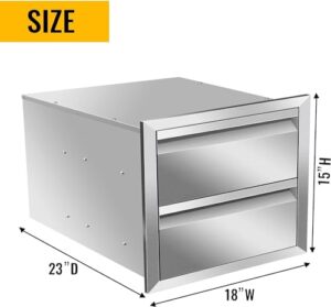 Discover durable stainless steel outdoor kitchen drawers with double flush mount design, perfect for grill station storage, measures 18x15x23 inches.