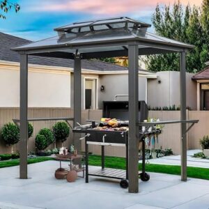 Enhance your outdoor gatherings with the 8 x 5FT Grill Outdoor BBQ Gazebo Canopy featuring metal shelves and a hardtop design perfect for patios, gardens, or backyards.