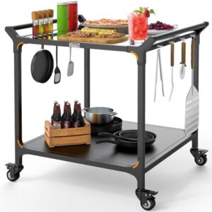 "Transform your outdoor gatherings with this Grill Cart Pizza Oven Table, featuring a 32x32 inch stainless steel prep surface and double-shelf storage. Perfect for patios and gardens!"