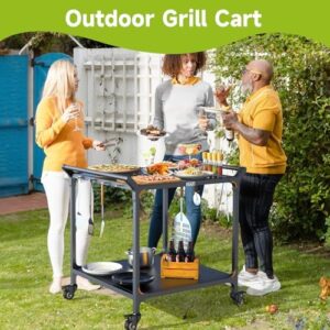 "Transform your outdoor gatherings with this Grill Cart Pizza Oven Table, featuring a 32x32 inch stainless steel prep surface and double-shelf storage. Perfect for patios and gardens!"