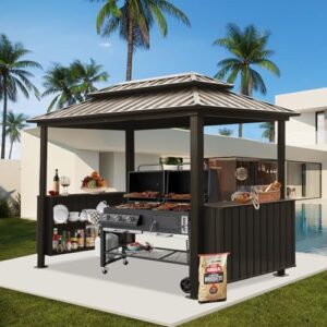 Get ready to elevate your outdoor cooking experience with the Domi 6x10FT Hardtop Grill Gazebo! Enjoy permanent sun shade and ample storage for utensils, plus durable double galvanized steel roof. Perfect for patio or yard gatherings.