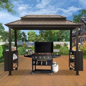 Get ready to elevate your outdoor cooking experience with the Domi 6x10FT Hardtop Grill Gazebo! Enjoy permanent sun shade and ample storage for utensils, plus durable double galvanized steel roof. Perfect for patio or yard gatherings.