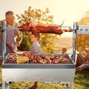 Unlock the perfect BBQ experience with this 25W stainless steel rotisserie grill, featuring a wind screen and roasting capacity for up to 132LBS/60KG. Perfect for camping or backyard gatherings!