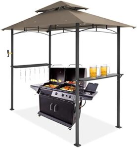 Here is the output:

"Upgrade your backyard gatherings with this sturdy 8x5 outdoor grill gazebo canopy, featuring a brown finish and easy setup for patio BBQs and social events."