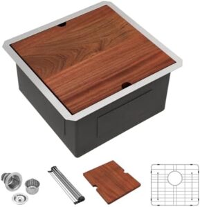 Discover the ultimate camping and outdoor cooking companion - this 18 inch undermount bar sink workstation features a single bowl handmade stainless steel sink, full cutting board, and compact 16 gauge design perfect for RVs, campers, and backyard BBQ enthusiasts.