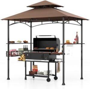 Enhance your outdoor gatherings with this 8x5 FT BBQ grill gazebo featuring 2 side shelves, storage basket, hooks & bottle opener. Perfect for patio parties.