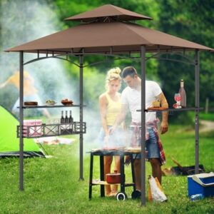 Enhance your outdoor gatherings with this 8x5 FT BBQ grill gazebo featuring 2 side shelves, storage basket, hooks & bottle opener. Perfect for patio parties.