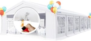 "Upgrade your outdoor gatherings with the 20x40 Party Tent, featuring heavy-duty PVC fire retardant vinyl and 12 removable sidewalls. Perfect for weddings, BBQs, and more."