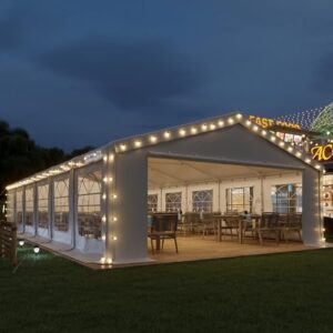 "Upgrade your outdoor gatherings with the 20x40 Party Tent, featuring heavy-duty PVC fire retardant vinyl and 12 removable sidewalls. Perfect for weddings, BBQs, and more."