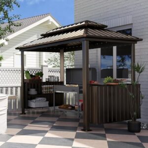Maximize your outdoor gatherings with the Domi 6x10FT Hardtop Grill Gazebo, featuring double galvanized steel roof, 2 cabinets and ceiling hooks. Perfect for backyard BBQs and events!