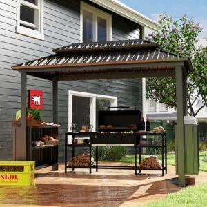 Maximize your outdoor gatherings with the Domi 6x10FT Hardtop Grill Gazebo, featuring double galvanized steel roof, 2 cabinets and ceiling hooks. Perfect for backyard BBQs and events!