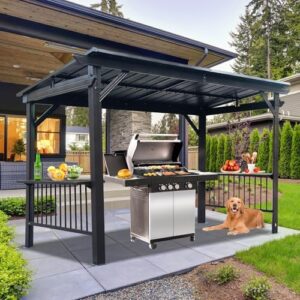Elevate your outdoor cooking experience with the 6.5x12FT Hardtop Grill Gazebo, featuring galvanized steel pitched roof and 2 side shelves for perfect BBQs, rain or shine. Perfect for patio, backyard, lawn, deck.