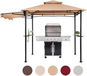 Enhance your outdoor gatherings with the 5x8 Grill Gazebo, featuring extra shadow and LED lights for a warm ambiance. Perfect for patio BBQs, this khaki canopy offers shade and style.
