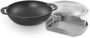 Savor sizzling flavors with the 8856 Cast Iron Gourmet BBQ Wok System, perfect for steam-cooking and grilling up to 40.5 x 35.2 x 14 cm in size, all-black design.