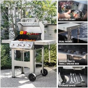 Discover the perfect blend of style and performance with our 4-Burner Liquid Propane Gas Grill. Features Clearview Lid and foldable shelf for convenient patio use, dimensions: 41x25.5x13.8 inches.