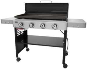 "Savory cooking just got a whole lot easier with our 36" Gas Griddle featuring 4 burners and sleek black design. Perfect for indoor or outdoor use, it's a must-have for any grill master."
