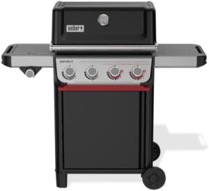 Experience backyard dining with the Spirit 4-Burner Grill E-435, featuring liquid propane power and a sleek black design. Cook for up to 10 people with this compact grill, perfect for family gatherings and outdoor parties.