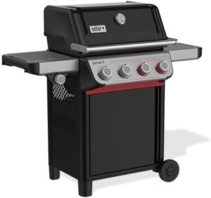 Experience backyard dining with the Spirit 4-Burner Grill E-435, featuring liquid propane power and a sleek black design. Cook for up to 10 people with this compact grill, perfect for family gatherings and outdoor parties.