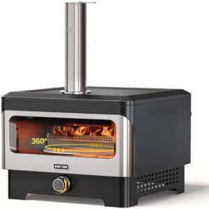 Discover the EAST OAK Outdoor Pizza Oven with 360° rotating stone and wood-fired countertop. Perfect for outside kitchens and BBQs. Efficient pellet filling for hassle-free cooking, compact design for small spaces.