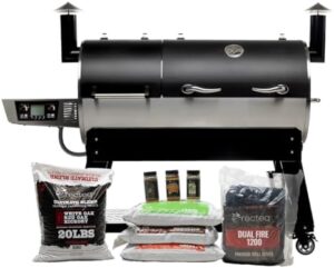 Here is the optimized meta description:

"Unlock delicious smoky flavors with the Recteq DualFire 1200 Wood Pellet Smoker Grill, featuring dual chambers for hot and fast cooking or low and slow smoking. Bundle includes grilling essentials."
