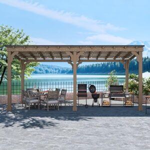 "Enhance your outdoor gatherings with the MUPATER Wooden Grill Gazebo, featuring a sturdy wood frame and heavy-duty metal roof. Perfect for 2 full-size grills, this BBQ canopy offers ample space for patio, lawn, or garden use."