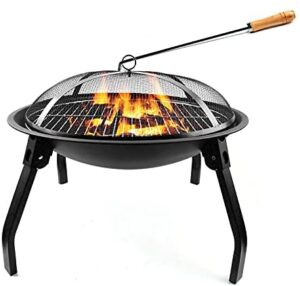 Enhance your outdoor gatherings with this portable and collapsible 22-inch fire pit grill perfect for BBQs, campfires, or bonfires. Enjoy s'mores and spark screens in a compact black design. Perfect for backyards or camping trips!
