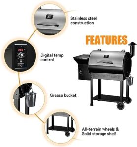 "Experience the ultimate backyard cooking experience with Z Grills' Wood Pellet Smoker Grill, featuring auto temperature control and 697 sq in of cooking space. Perfect for patio and outdoor cooking."