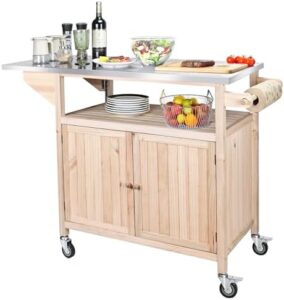 Perfect your outdoor cooking experience with the Portable Grill Table, featuring a stainless steel top and sturdy wood construction. Upgrade your kitchen prep and BBQ game for under $150, a steal!