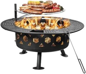 "Transform outdoor gatherings with the 2-in-One Large Camping Fire Pit. Cooking grill and fire poker included for perfect BBQs and campouts. Perfect for patios, bonfires, and picnics."