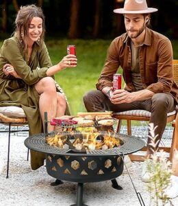 "Transform outdoor gatherings with the 2-in-One Large Camping Fire Pit. Cooking grill and fire poker included for perfect BBQs and campouts. Perfect for patios, bonfires, and picnics."