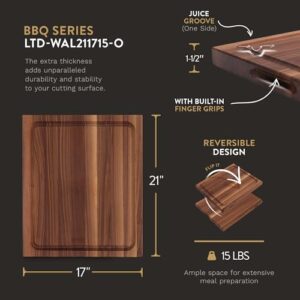 Here is the optimized SEO meta description:

"Elevate your BBQ experience with this John Boos Reversible Walnut Wood Cutting Board featuring a juice groove, perfect for effortless food release. Includes 3-pack of maintenance cream."