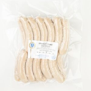Get traditional German flavor with our Authentic Bavarian Bratwurst Sausage, 10 lbs case, 5 sausages per lb, frozen for a taste of Germany in every bite.