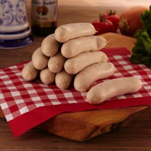 Get traditional German flavor with our Authentic Bavarian Bratwurst Sausage, 10 lbs case, 5 sausages per lb, frozen for a taste of Germany in every bite.