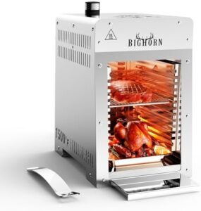 Here is the generated SEO meta description:

"Indulge in quick and delicious cooking with Big Horn Outdoors' Portable Infrared Broiler Propane Gas Grill, featuring 1500-degree stainless steel tabletop design for perfect steaks, seafood, and veggies - buy now and save!"