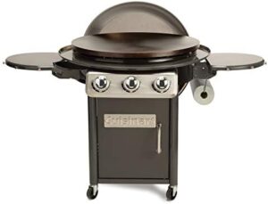 Here is the generated SEO meta description:

"Experience outdoor cooking with Cuisinart's 360° XL Griddle, featuring a 30” round flat top grill, stainless steel vented lid, and folding prep tables. Perfect for BBQs and cookouts, this gas grill offers 45,000 BTU burners and grease management."