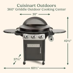 Here is the generated SEO meta description:

"Experience outdoor cooking with Cuisinart's 360° XL Griddle, featuring a 30” round flat top grill, stainless steel vented lid, and folding prep tables. Perfect for BBQs and cookouts, this gas grill offers 45,000 BTU burners and grease management."