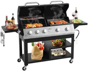 Sizzling backyard barbecues with the 5-Burner Propane Gas Grill! Features 54000 BTU and porcelain-enamel cast iron grate for perfect sears. Includes 2 side tables, griddle grill combo and hooks for patio garden backyard barbecue fun.