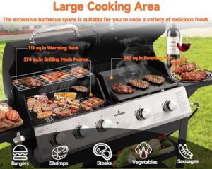 Sizzling backyard barbecues with the 5-Burner Propane Gas Grill! Features 54000 BTU and porcelain-enamel cast iron grate for perfect sears. Includes 2 side tables, griddle grill combo and hooks for patio garden backyard barbecue fun.