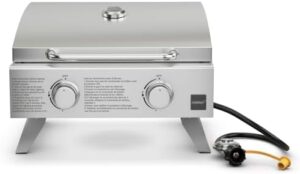 Here is the optimized meta description:

"Perfect outdoor grilling with Happygrill's stainless steel propane grill featuring two burners and foldable legs. 20,000 BTU heat for camping or picnics - enjoy up to $10 off your purchase!"