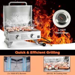 Here is the optimized meta description:

"Perfect outdoor grilling with Happygrill's stainless steel propane grill featuring two burners and foldable legs. 20,000 BTU heat for camping or picnics - enjoy up to $10 off your purchase!"