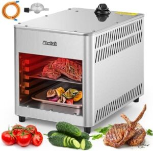 Delight your carnivore friends with the Newhai 1400℉ Propane Steak Broiler, a portable stainless steel grill perfect for outdoor picnics and quick cooking of beef, chicken, and veggies.
