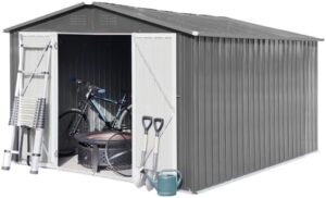 Here is the generated SEO meta description:

"Store your outdoor gear in style with this Ball & Cast 10x12 FT metal shed featuring waterproof cabinet, hinged door and padlock for secure storage. Perfect for bicycles, lawnmowers, and more."