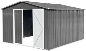 Here is the generated SEO meta description:

"Store your outdoor gear in style with this Ball & Cast 10x12 FT metal shed featuring waterproof cabinet, hinged door and padlock for secure storage. Perfect for bicycles, lawnmowers, and more."