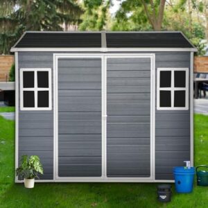 Here is the meta description:

"Store your outdoor gear in style with this 8x6FT plastic shed featuring 2 windows and lockable doors. Perfect for bikes, lawn mowers, BBQs and more, with waterproof protection and ventilation."