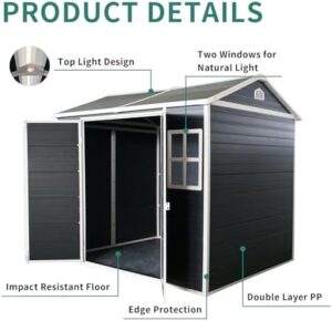 Here is the meta description:

"Store your outdoor gear in style with this 8x6FT plastic shed featuring 2 windows and lockable doors. Perfect for bikes, lawn mowers, BBQs and more, with waterproof protection and ventilation."