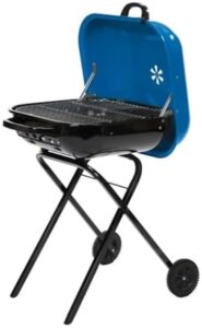 Discover the Walk-A-Bout Portable Charcoal Grill with wheels, folding legs and adjustable air vents. Perfect for outdoor BBQs, this grill also features a removable ash pan for easy cleaning.