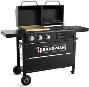 Here is the meta description:

"Upgrade your outdoor cooking with this Brand-Man propane gas and charcoal grill combo, featuring dual lids and griddle. Perfect for backyard barbecues, perfect size for family gatherings."