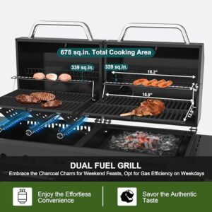 Here is the meta description:

"Upgrade your outdoor cooking with this Brand-Man propane gas and charcoal grill combo, featuring dual lids and griddle. Perfect for backyard barbecues, perfect size for family gatherings."