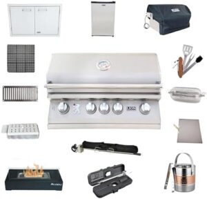 Enhance your outdoor gatherings with the Lion Premium Grills L75000 BBQ gas grill bundle, featuring a 32-inch grill, double access doors, and included accessories: refrigerator with vent, tray, rotisserie basket, and more. Get ready to sizzle!