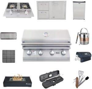 Enhance your outdoor cooking experience with Lion Premium Grills' 32" BBQ gas grill bundle, featuring a double side burner, door, two drawers, and more. Perfect for families and entertaining!